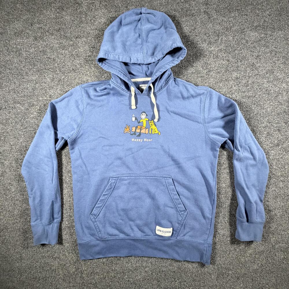 Life Is Good Hoodie Mens Small Blue Happy Hour Dog Graphic Fleece Sweatshirt